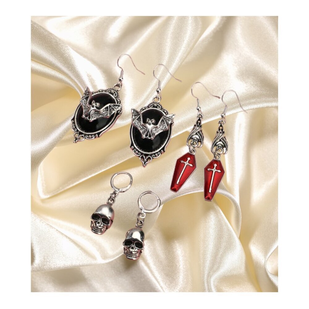 Gothic Earrings Bats, Skulls, Coffins 3 Pairs NWT Metal Alloy